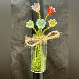 Magnetic Mini Glass Flower Vase with Handmade Beaded Flowers